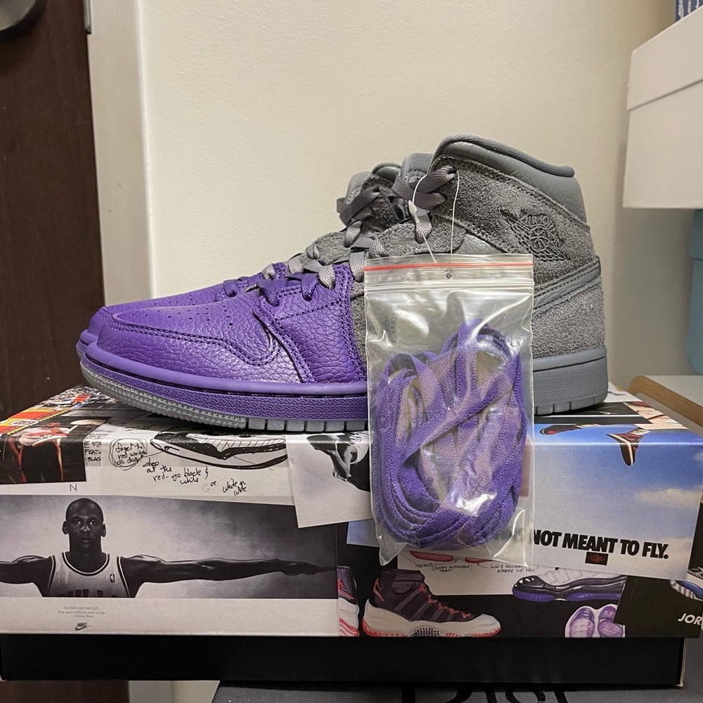 Women Nike Jordan 1 Sneaker Cool Grey Suede Dipped Purple Leather SZ 8.5 CW9857 - Picture 7 of 11